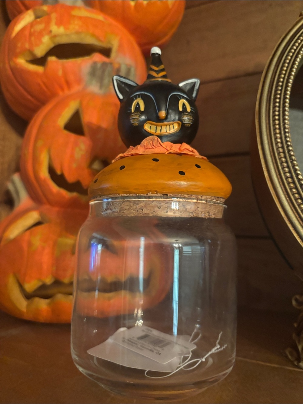 Johanna Parker Halloween Black Cat Glass Jar Candy Canister 6”